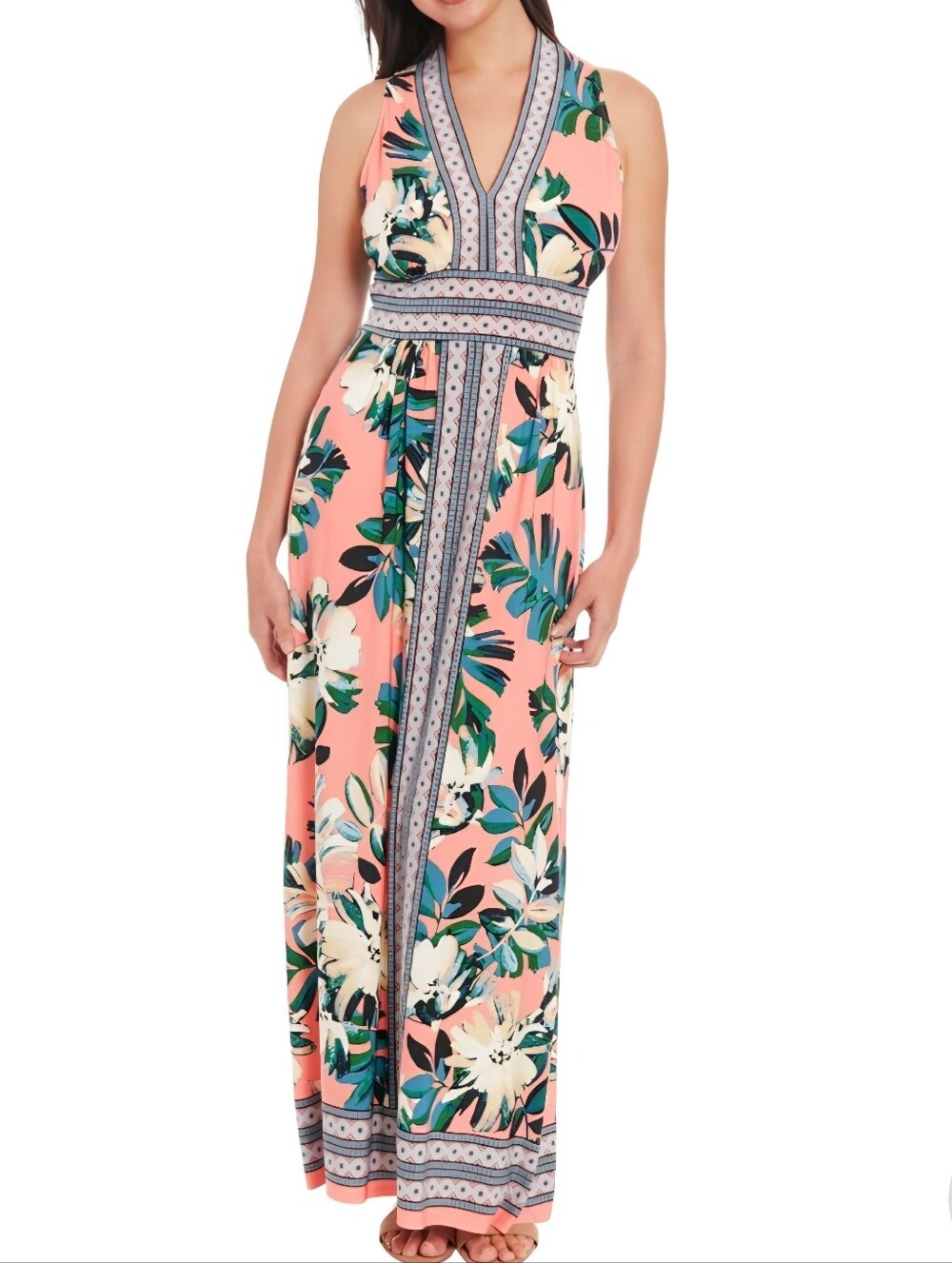 London Times Bohemian Floral Border-Trim Resortwear Casual Maxi Dress Sz 14